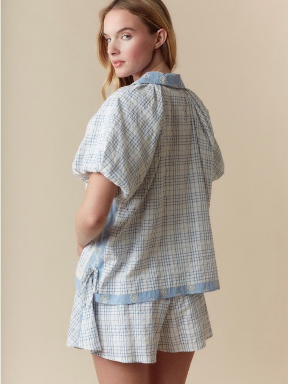 Fantastic Fawn Light Blue and White Plaid Cotton Short Embroidered Shirt